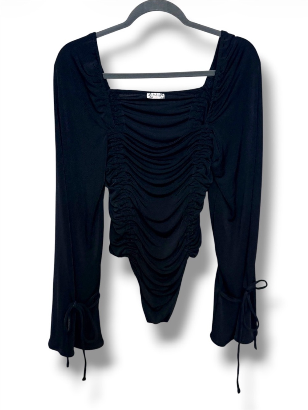 Free People size L Black Ruched Cold Shoulder Long-Sleeve Bodysuit